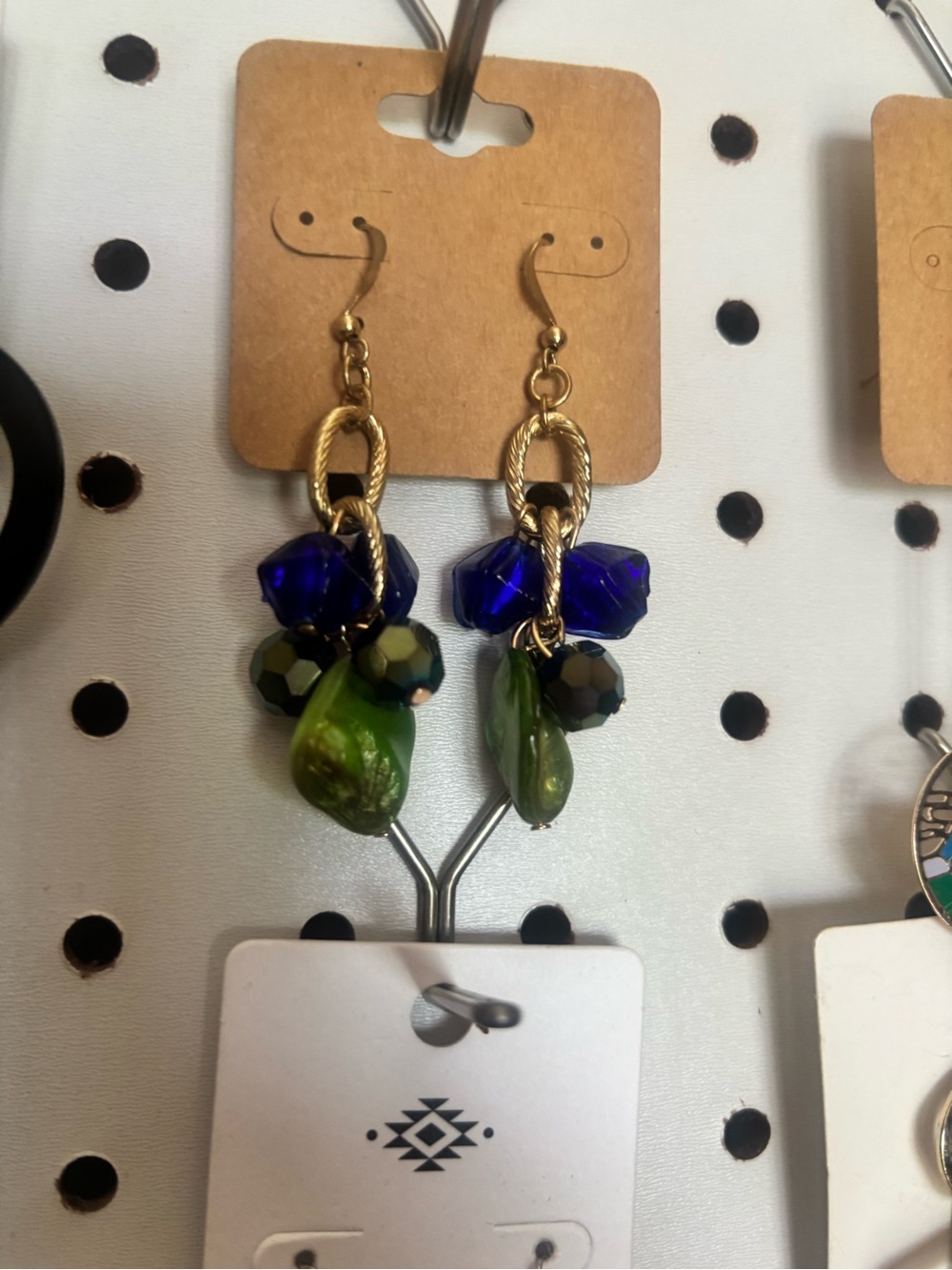 Gold-Tone Earrings with Cobalt Blue and Olive Green Beads